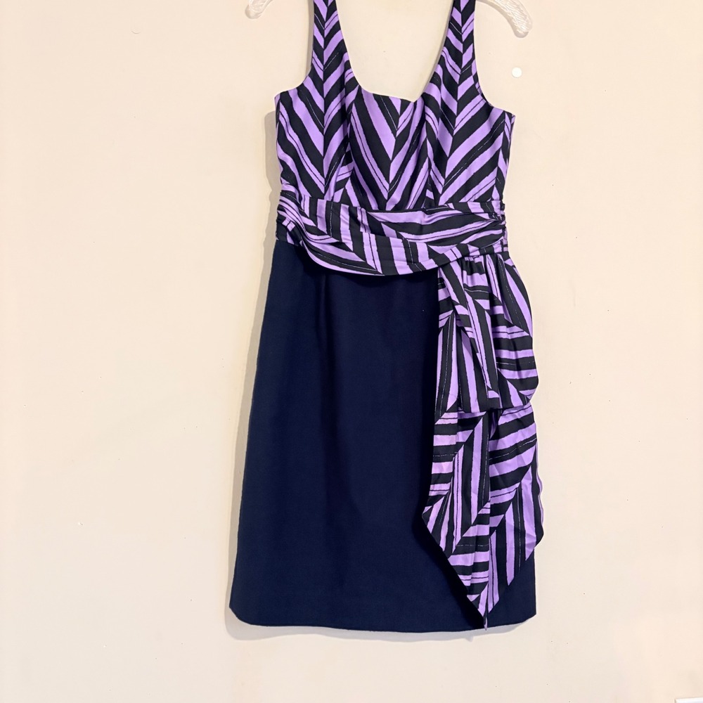 Milly Marcela Silk Purple Black Striped Sleeveless Sheath Dress Side Drape Sz 4 - Picture 12 of 15